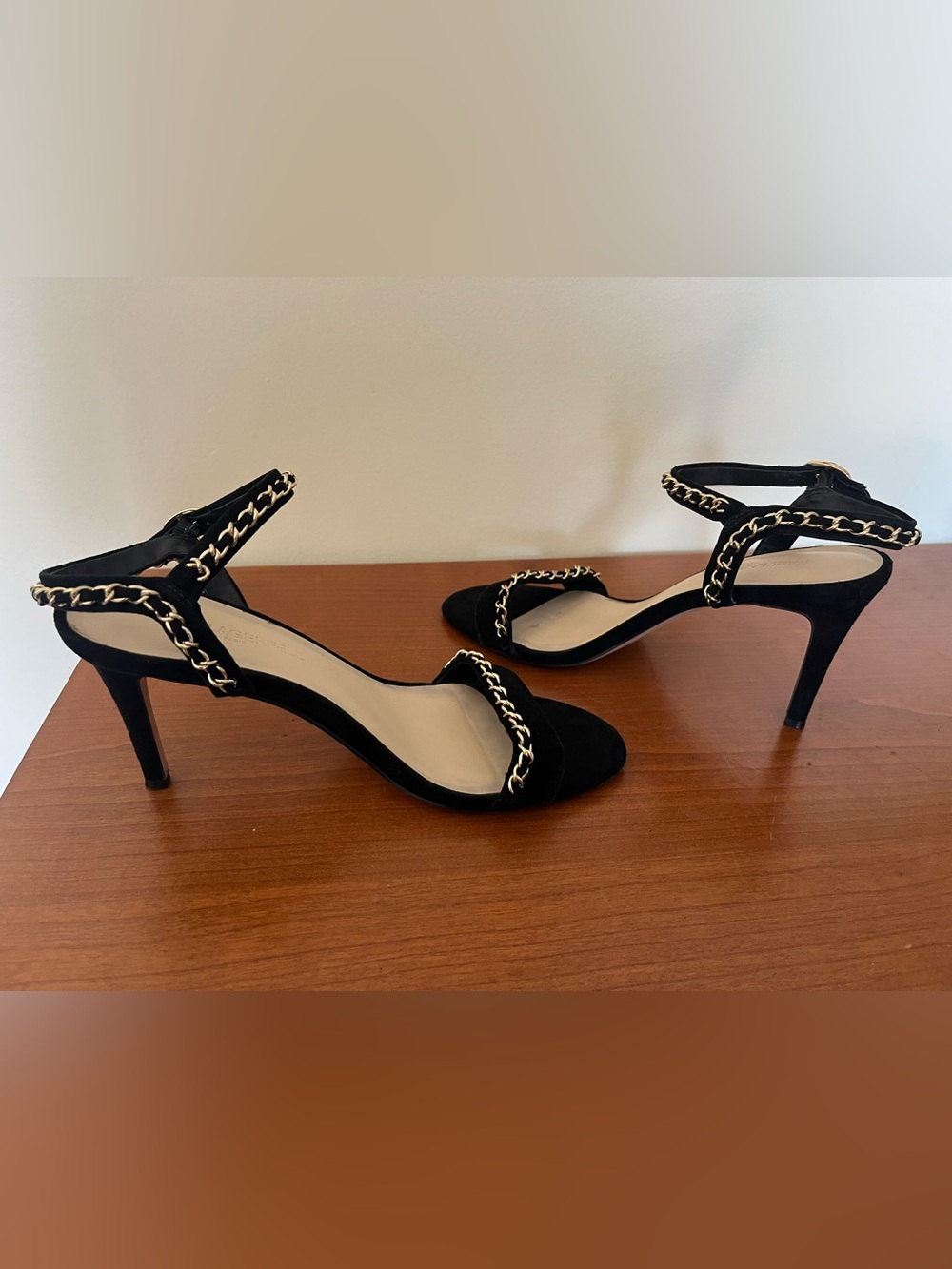 Karl Langerfeld Paris Daisy back suede ankle strap sandals 3 3/4” heels size 8